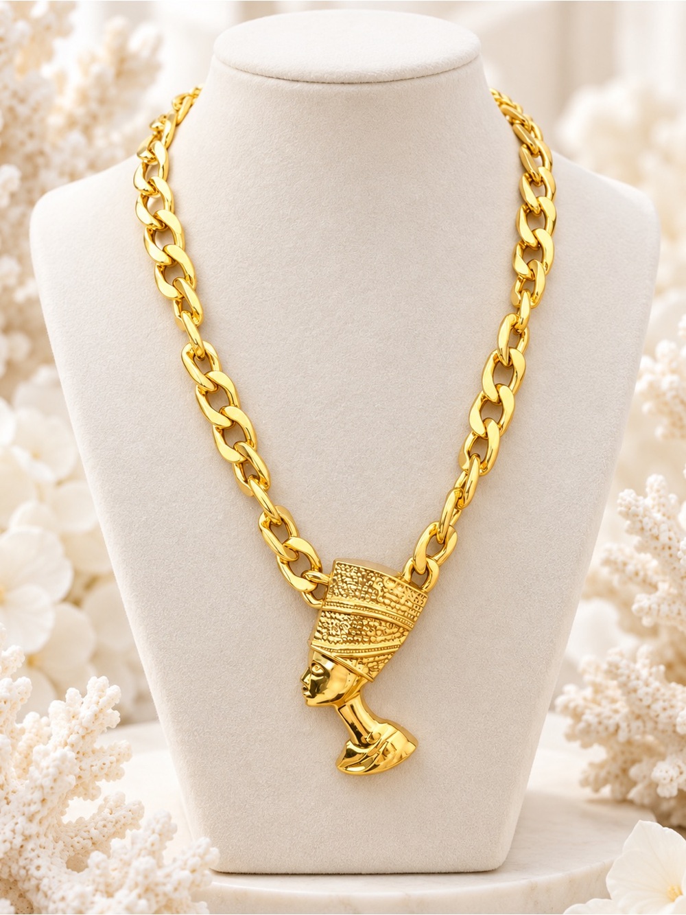 Gold-tone Egyptian Queen Pendant Chain Necklace - Women Jewelry